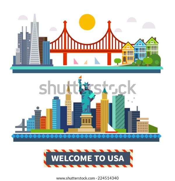 米国へようこそ ニューヨークとサンフランシスコの風景 自由の女神と金門の橋ベクターフラットイラスト のベクター画像素材 ロイヤリティフリー