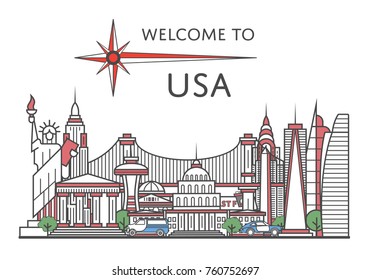 Welcome to USA poster with famous architectural attractions in linear style. Worldwide traveling and time to travel concept. American national landmarks, global tourism and journey vector background.