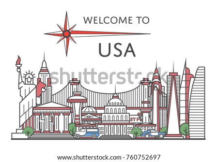 Welcome to USA poster with famous architectural attractions in linear style. Worldwide traveling and time to travel concept. American national landmarks, global tourism and journey vector background.