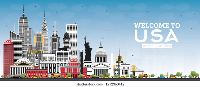 Welcome to USA Skyline with Gray Buildings and Blue Sky. Famous Landmarks in USA. Vector Illustration. Travel and Tourism Concept with Historic Architecture. USA Cityscape with Landmarks.