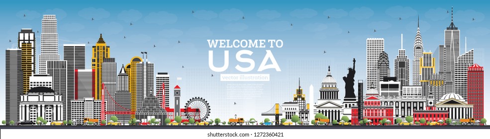 Welcome to USA Skyline with Gray Buildings and Blue Sky. Famous Landmarks in USA. Vector Illustration. Travel and Tourism Concept with Historic Architecture. USA Cityscape with Landmarks.