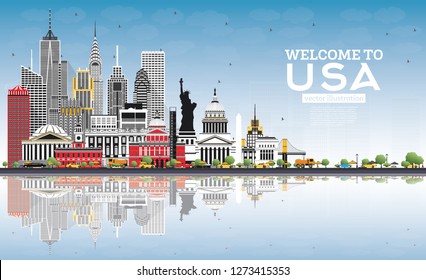 Welcome to USA Skyline with Gray Buildings, Blue Sky and Reflections. Famous Landmarks in USA. Vector Illustration. Tourism Concept with Historic Architecture. USA Cityscape with Landmarks. 