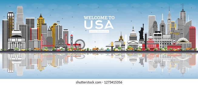 Bienvenidos a USA Skyline con Edificios Gris, cielo azul y reflexiones. Famosos monumentos en EEUU. Ilustración vectorial. Concepto de turismo con arquitectura histórica. El paisaje urbano de EE.UU. con puntos de referencia. 