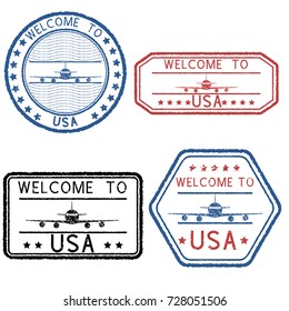 Welcome to USA stamps. With airplane sign. Vector illustration isolated on white background