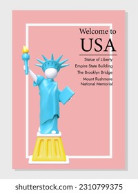 Welcome to USA. Template of original tourist postcard with 3D Statue of Liberty. Tip about places worth visiting. Vector concept for category design on website. Tourism in America