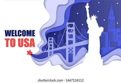 Welcome to USA travel poster template, vector illustration in paper art style. Statue of Liberty, world famous landmark, New York city skyline composition for web banner, website page etc.