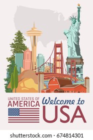 Welcome to USA. United States of America poster. Vector illustration about travel