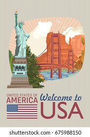 Welcome to USA. United States of America poster. Vector illustration about travel.