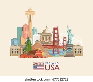 Welcome to USA. United States of America poster. Vector illustration about travel