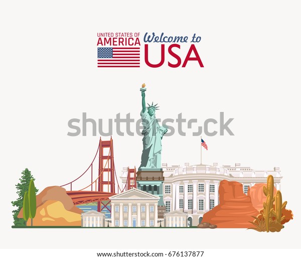 Welcome to USA. United States of America poster.\
Vector illustration about\
travel