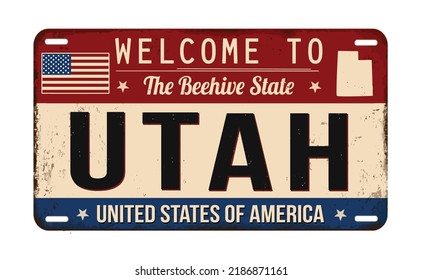 Welcome to Utah vintage rusty license plate on a white background, vector illustration