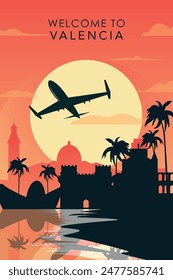 Welcome to Valencia, Spain. Retro city poster with abstract shapes of skyline, buildings, plane flying over. Vintage airlines travel vector illustration