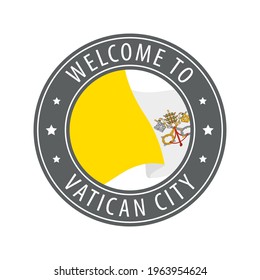 Welcome to Vatican City. Gray stamp with a waving country flag. Collection of welcome icons.
