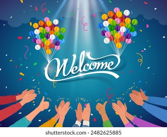 Vector de bienvenida, globo, confeti, aplausos y fondo abstracto 