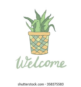 Welcome vector card with cute hoseplant