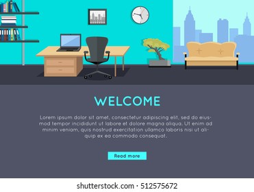 Welcome vector concept. Flat style. Office with workplace, sofa, bonsai, rack with documents and urban view from window. Comfortable place for work. Illustration of modern business apartments design