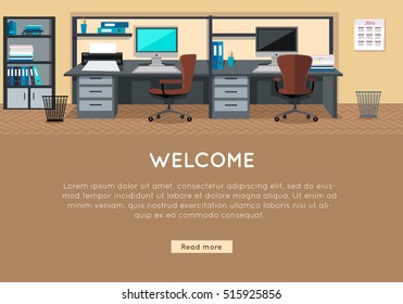 Welcome vector concept. Flat style. Office with workplace, sofa, bonsai, rack with documents. Comfortable place for work. Illustration of modern business apartments design