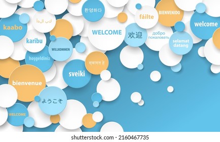 WELCOME vector concept with translations into many languages on colorful circles on blue background