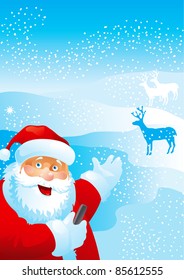 Welcome. Vector illustration of Santa Claus, with mobile phone, on the distant plan - deers