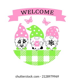Welcome  vector stencils of spring gnomes for cutting. 
Door, window decoration, gnome protrusion. Round sign