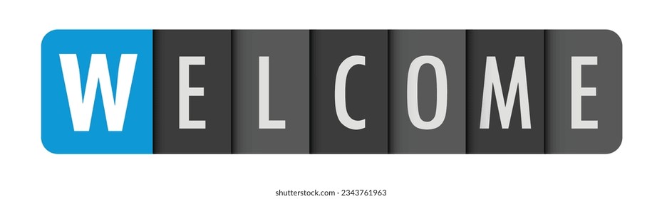 WELCOME vector typography banner with initial letter highlighted in blue 