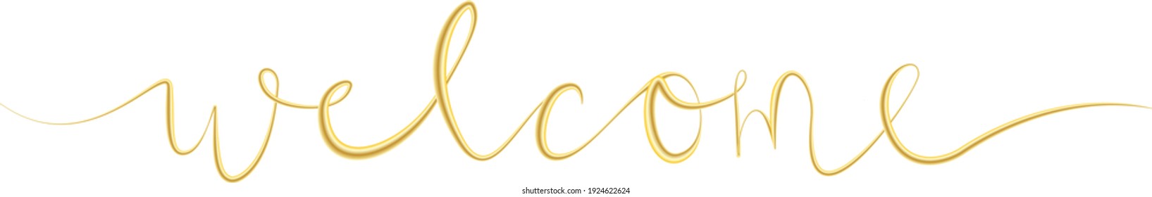 Welcome vector words with gold lettering on white background in quaint, dainty, think and elegant handwriting design. 