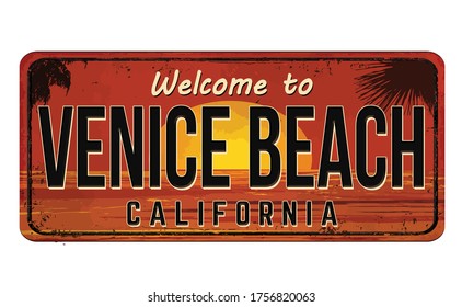 Welcome to Venice Beach vintage rusty metal sign on a white background, vector illustration