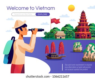 Welcome to vietnam cartoon poster with young tourist looking national landmarks through binocular vector illustration