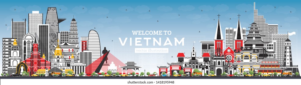 Welcome to Vietnam Skyline with Gray Buildings and Blue Sky. Vector Illustration. Tourism Concept with Historic Architecture. Vietnam Cityscape with Landmarks. Hanoi. Ho Chi Minh. Haiphong. Da Nang.