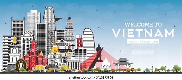 Welcome to Vietnam Skyline with Gray Buildings and Blue Sky. Vector Illustration. Tourism Concept with Historic Architecture. Vietnam Cityscape with Landmarks. Hanoi. Ho Chi Minh. Haiphong. Da Nang.