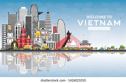 Welcome to Vietnam Skyline with Gray Buildings and Blue Sky. Vector Illustration. Tourism Concept with Historic Architecture. Vietnam Cityscape with Landmarks. Hanoi. Ho Chi Minh. Haiphong. Da Nang. 