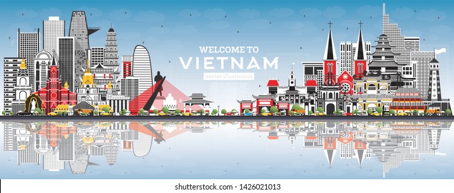 Welcome to Vietnam Skyline with Gray Buildings and Blue Sky. Vector Illustration. Tourism Concept with Historic Architecture. Vietnam Cityscape with Landmarks. Hanoi. Ho Chi Minh. Haiphong. Da Nang. 