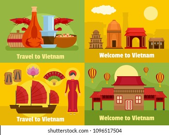 Welcome to Vietnam travel banner concept set. Flat illustration of 4 welcome to Vietnam travel vector banner horizontal concepts for web