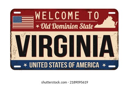 Welcome to Virginia vintage rusty license plate on a white background, vector illustration