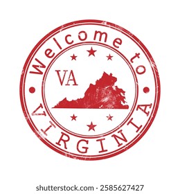 Welcome to Virginia. A worn stamp with a silhouette of the state and an abbreviated designation. Print impression, a template for creative design