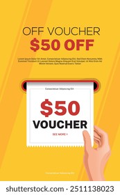 Welcome Voucher with percentage off and coupon codes, isolated on a blue background with a coin pattern.