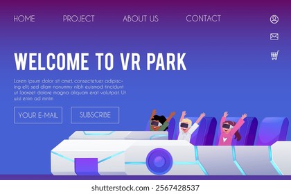 Welcome to VR park landing page vector design. Kids in VR glasses sitting in car playing in Virtual reality videogames attraction. Driver simulation. Cartoon augmented reality entertainment