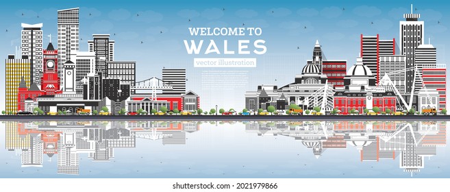 Welcome to Wales City Skyline with Gray Buildings and Blue Sky. Vector Illustration. Concept with Historic Architecture. Wales Cityscape with Landmarks. Cardiff. Swansea. Newport.