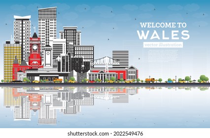 Welcome to Wales City Skyline with Gray Buildings and Blue Sky. Vector Illustration. Concept with Historic Architecture. Wales Cityscape with Landmarks. Cardiff. Swansea. Newport.