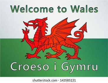 Welcome to Wales (UK) / Croeso i Gymru sign -  Red dragon on the white and green flag, vector illustration