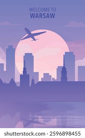 Welcome to Warsaw, Poland. Gradient city poster, card with shapes of skyline, waterfront and airplane. Eastern Europe travel vector illustration, print, graphic