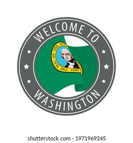 Welcome to Washington. Gray stamp with a waving state flag. Collection of welcome icons.