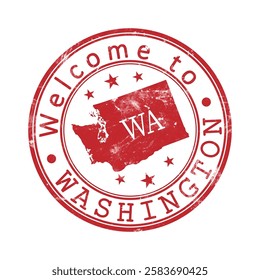 Welcome to Washington. A worn stamp with a silhouette of the state and an abbreviated designation. Print impression, a template for creative design