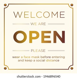 Welcome, we are open. Retro hanging door sign. Gold on a beige background. Vector