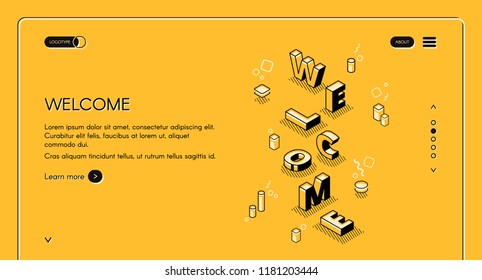 Welcome web main page vector illustration of word letters in isometric black thin line design on yellow halftone background. Layout template for website or landing page with navigation buttons