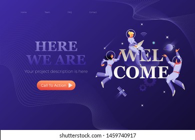WELCOME web page design template. Astronauts in spacesuits around word WELCOME. Cosmic design vector illustration concept for website app landing web page development. 