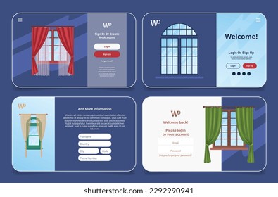 Welcome web page window login signup homepage mainpage user interface design set vector illustration. Website menu decorative windows with elegant curtains internet registration form password