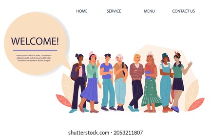 Welcome webpage interface with group of diverse university or college students, flat vector illustration.  