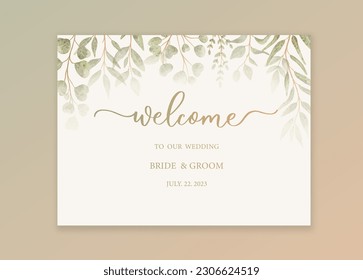 Welcome wedding sign. Calligraphy with green watercolor botanical leaves. Abstract floral art background vector design for wedding invitation and vip cover template