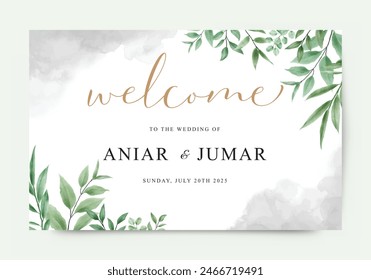 Welcome wedding sign card template with beautiful watercolor leaves